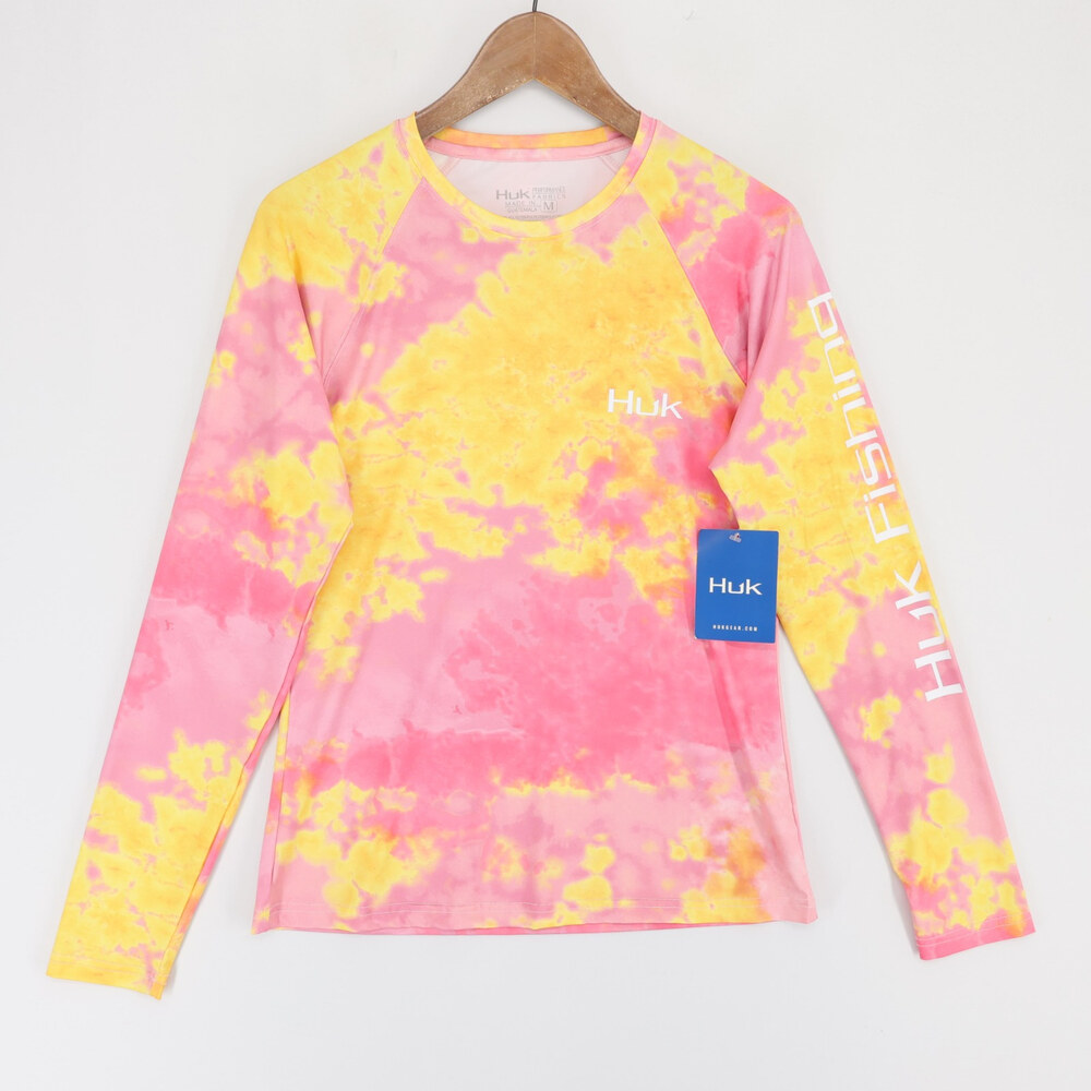 Huk Pursuit Shirt Womens M Pink Tie Dye Yellow Long Sleeve Fishing UPF Sun